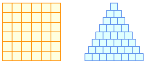 36 as a 6x6 square and as a triangle with one square in the top row, two in the second row, three in the third, ..., and eight in the bottom