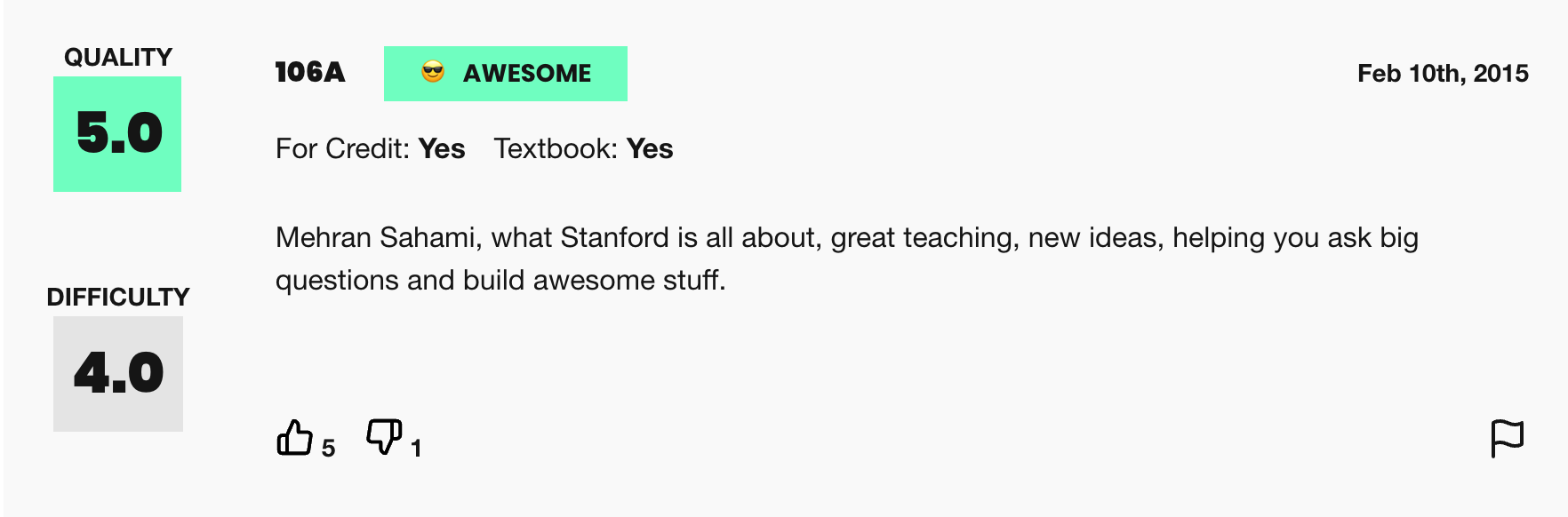 A sample review from RateMyProfessors.com for Mehran Sahami. The text of the review says 'Mehran Sahami, what Stanford is all about, great teaching, new ideas, helping you ask big questions and build awesome stuff.' The numerical quality rating is a 5.0