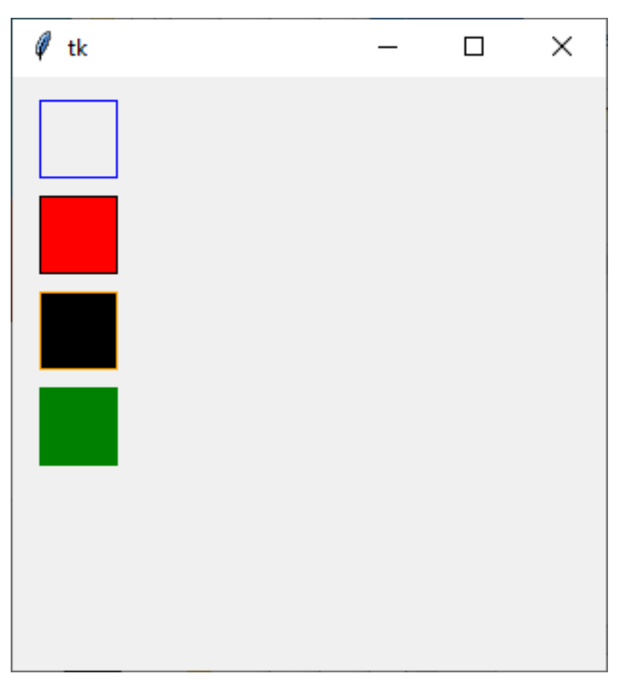 A blue, empty rectangle above a red rectangle with a black outline above a black rectangle with an orange outline above a green rectangle with a green outline