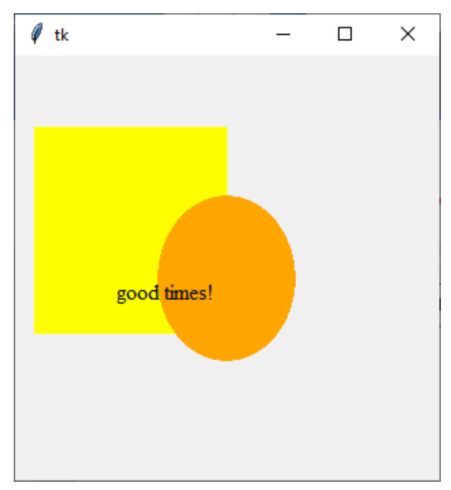 An orange oval overlapping on top of a yellow rectangle with the text 'good times!' above it