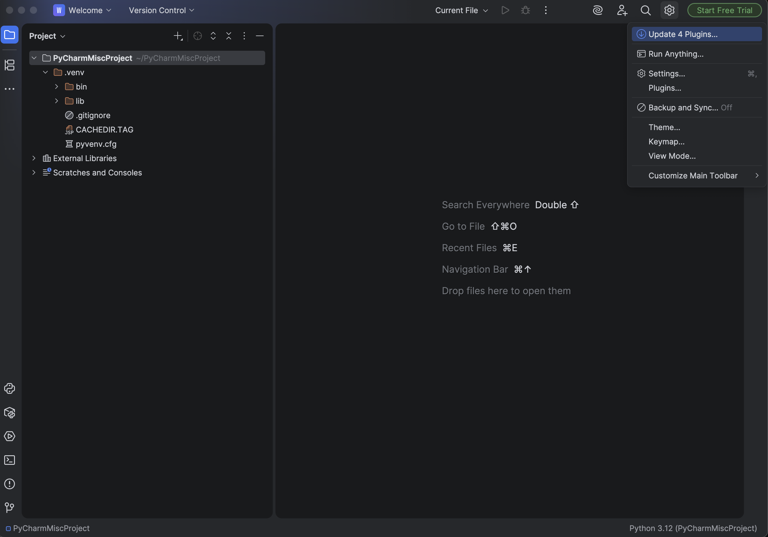 PyCharm Welcome Screen