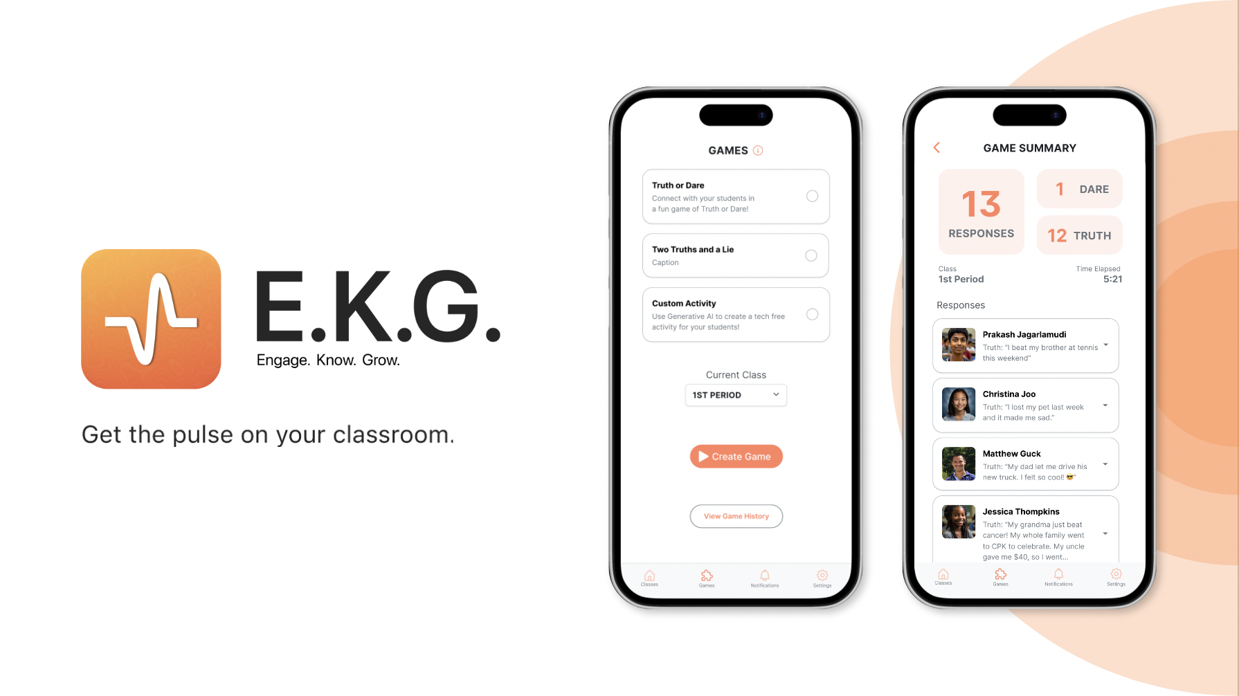 An image with the E.K.G. logo on top of the value statement 'Get the pulse on your classroom', next to two screen captures of the app in use.