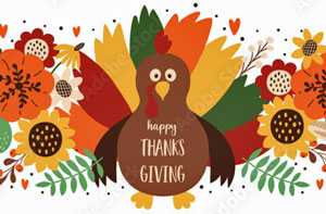 Happy Thanksgiving image with a clip art turkey and flowers