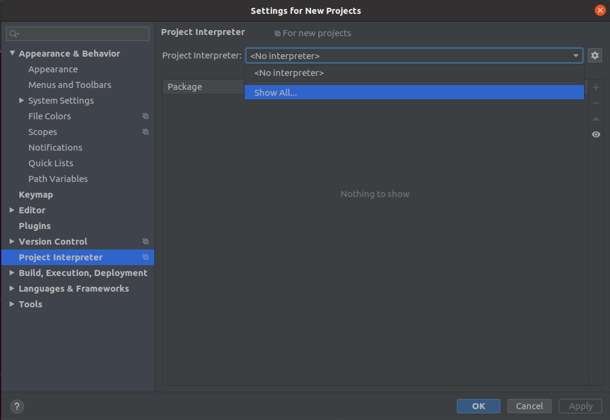 PyCharm Preferences Window, in the 'Project Interpreter' Pane, with
'Show All' highlighted in the dropdown
menu