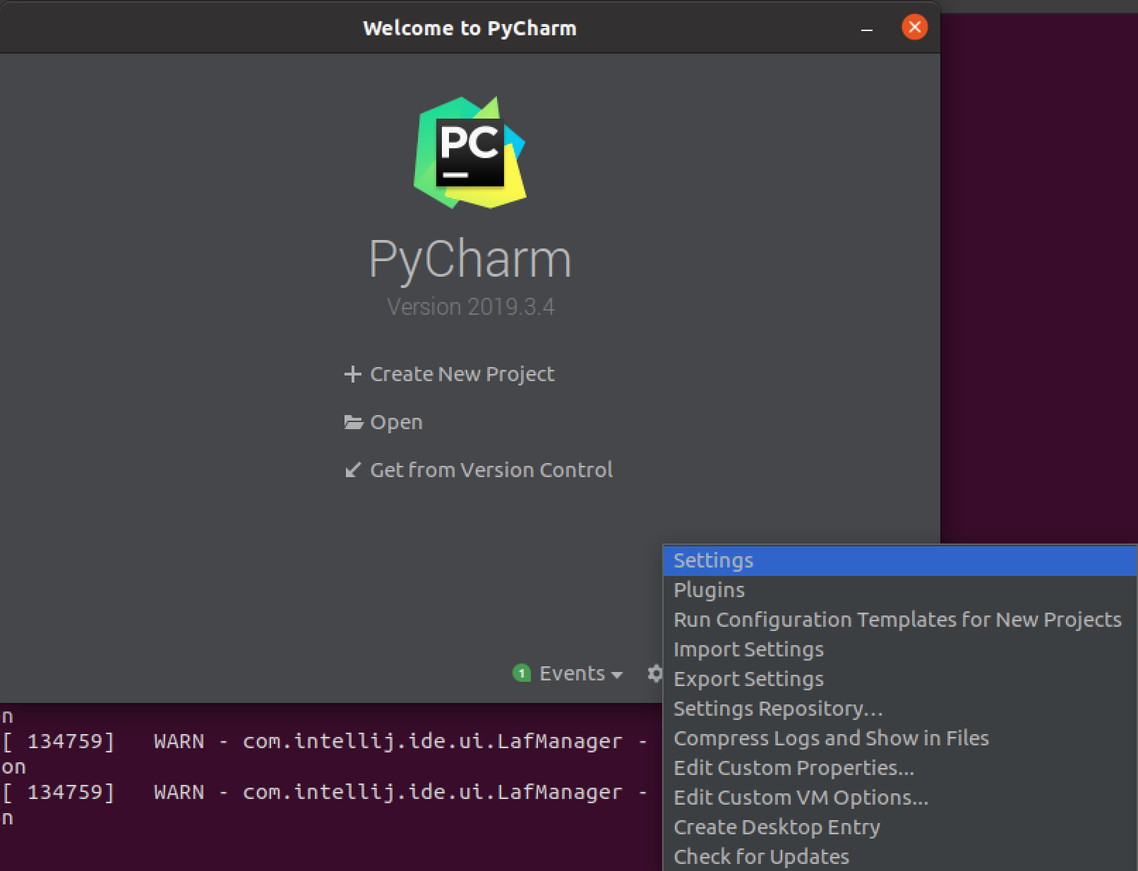 PyCharm Welcome Screen, with 'Configure->Preferences'
highlighted