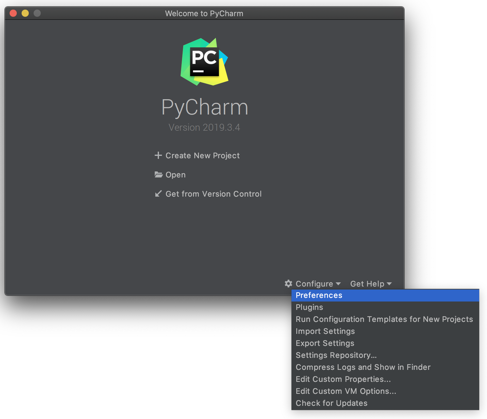 PyCharm Welcome Screen, with 'Configure->Preferences'
highlighted