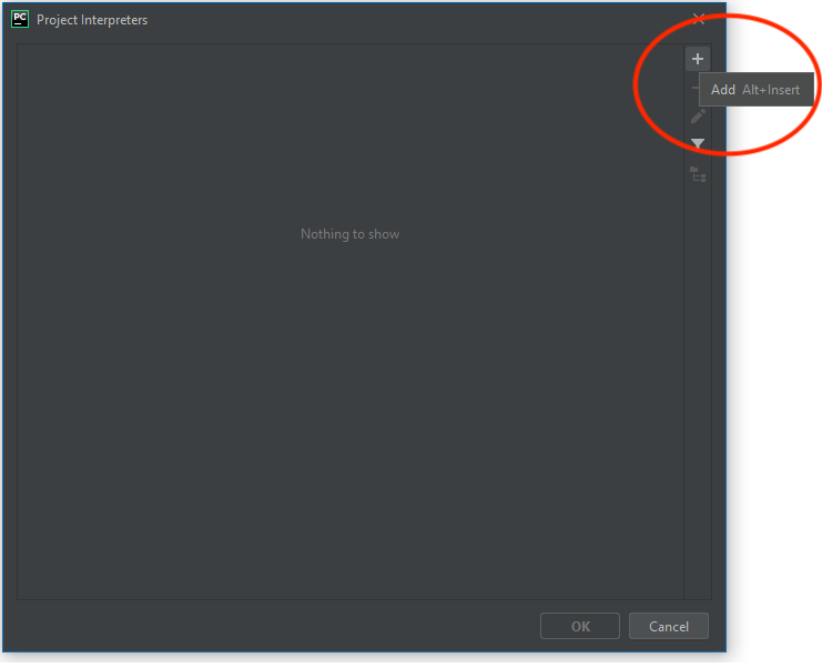 PyCharm Interpreter List, with the plus button in the bottom left
highlighted