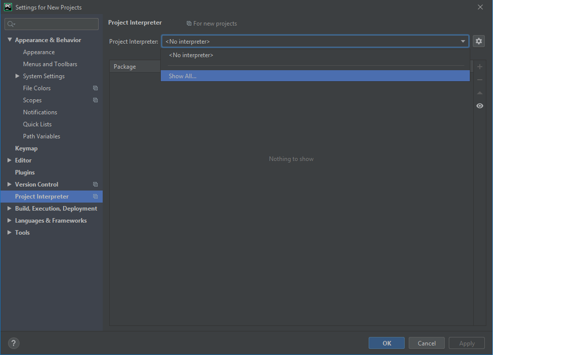 PyCharm Preferences Window, in the 'Project Interpreter' Pane, with
'Show All' highlighted in the dropdown
menu