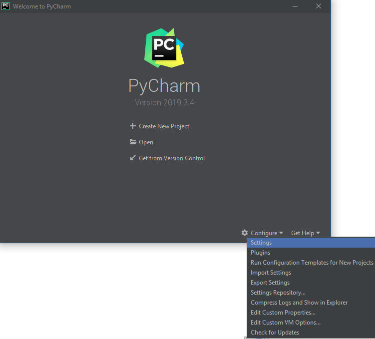 PyCharm Welcome Screen, with 'Configure->Preferences'
highlighted