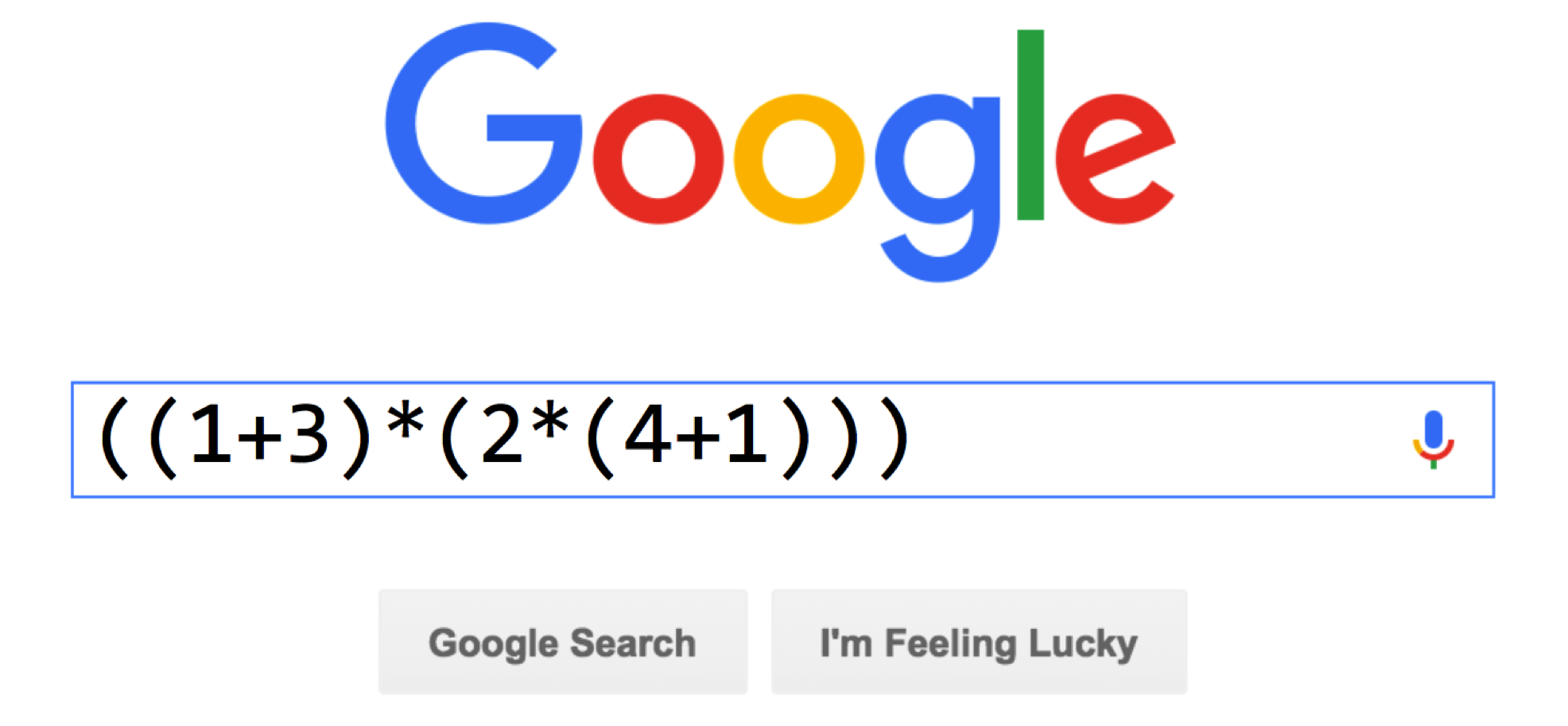 An image showing how Google will perform math for you. Inside the search bar is '((1+3)*(2*(4+1)))