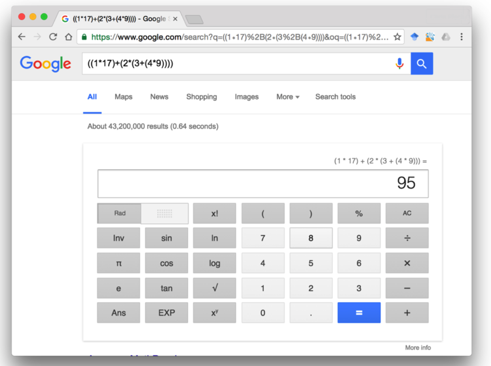 An image showing how the Google calculator solution to '((1+3)*(2*(4+1))), which is 95