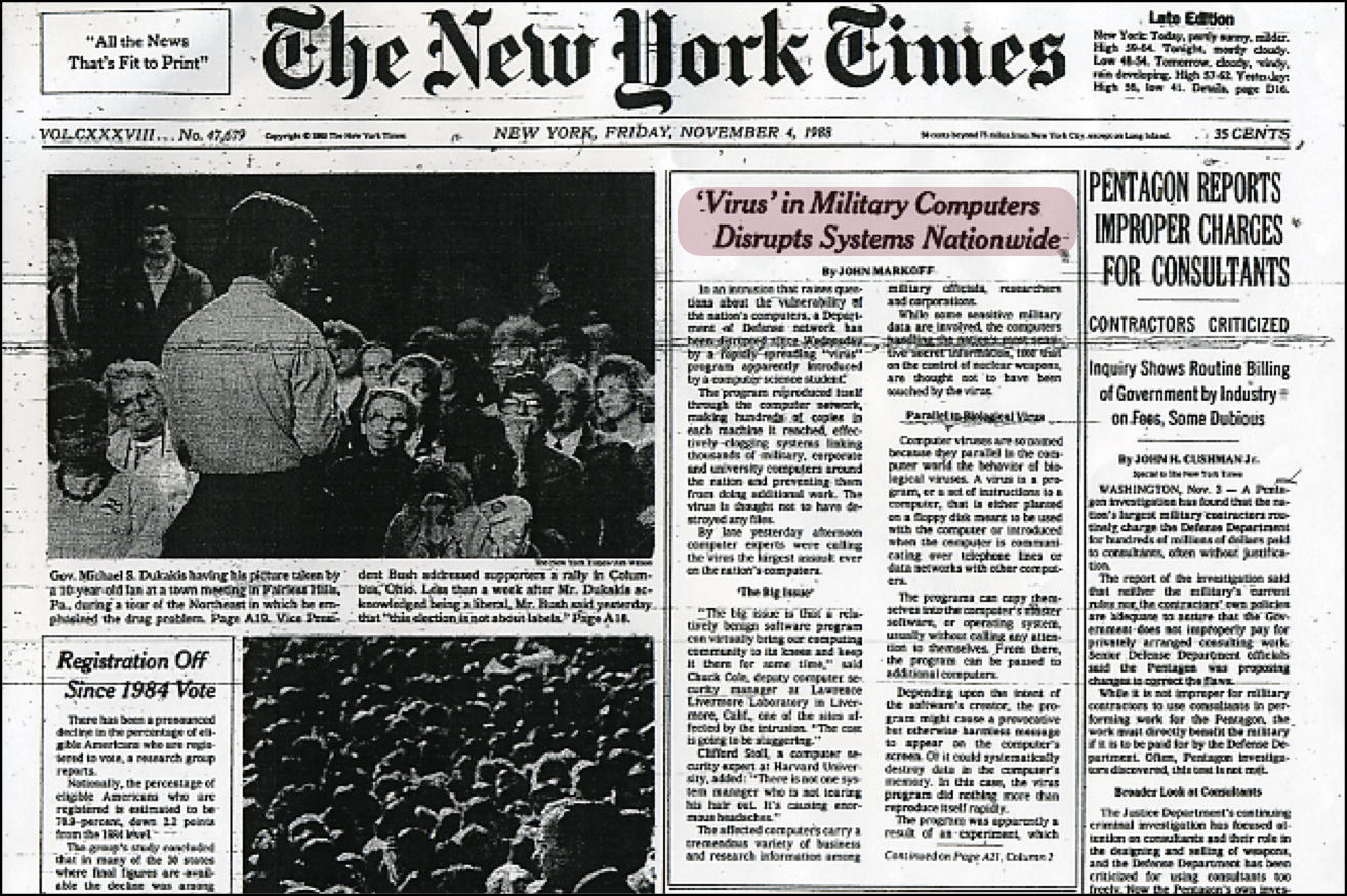 A New York Times front page from Friday, November 4, 1988. The headline story is titled, 'Virus in Military Computers Disrupts Systems Nationwide'