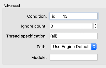 screenshot of the conditional breakpoint popup menu, showing the line number and condition on which to stop at that line