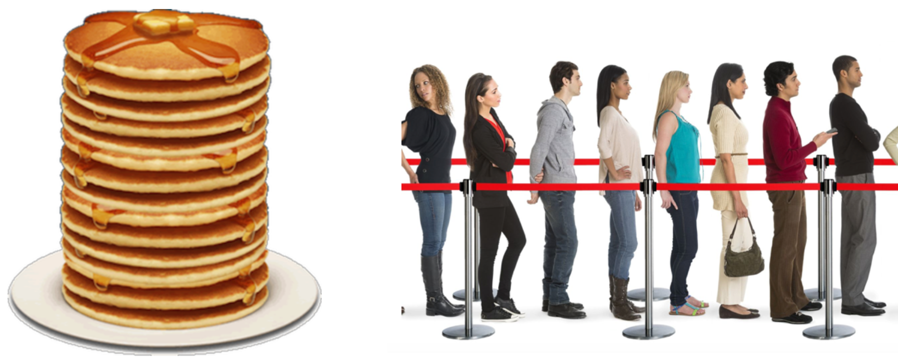 A stack of pancakes and a queue of students