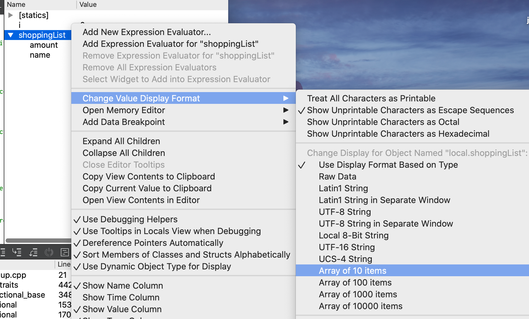 screenshot of the different options for displaying arrays in the Qt Debugger
