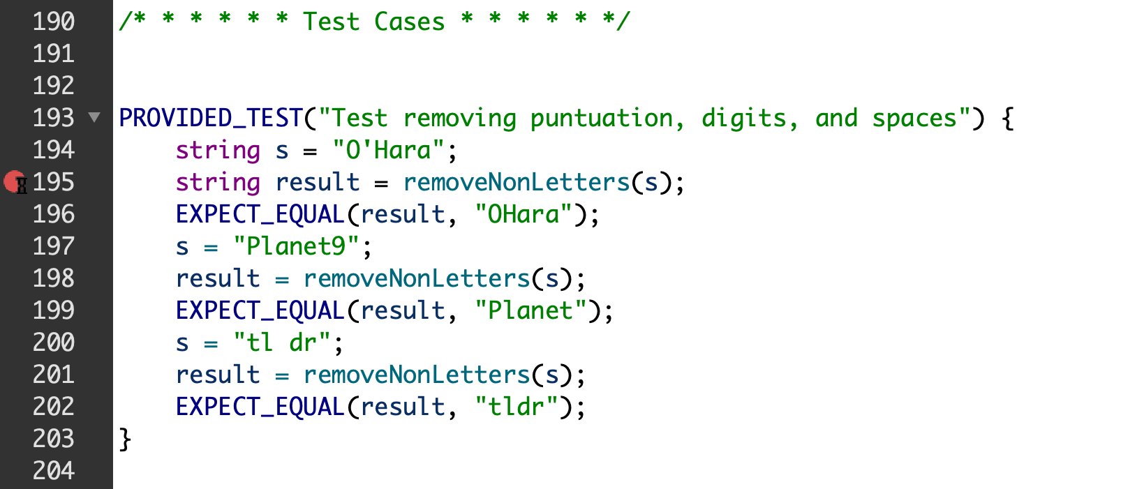 breakpoint on line that has call to removeNonLetters