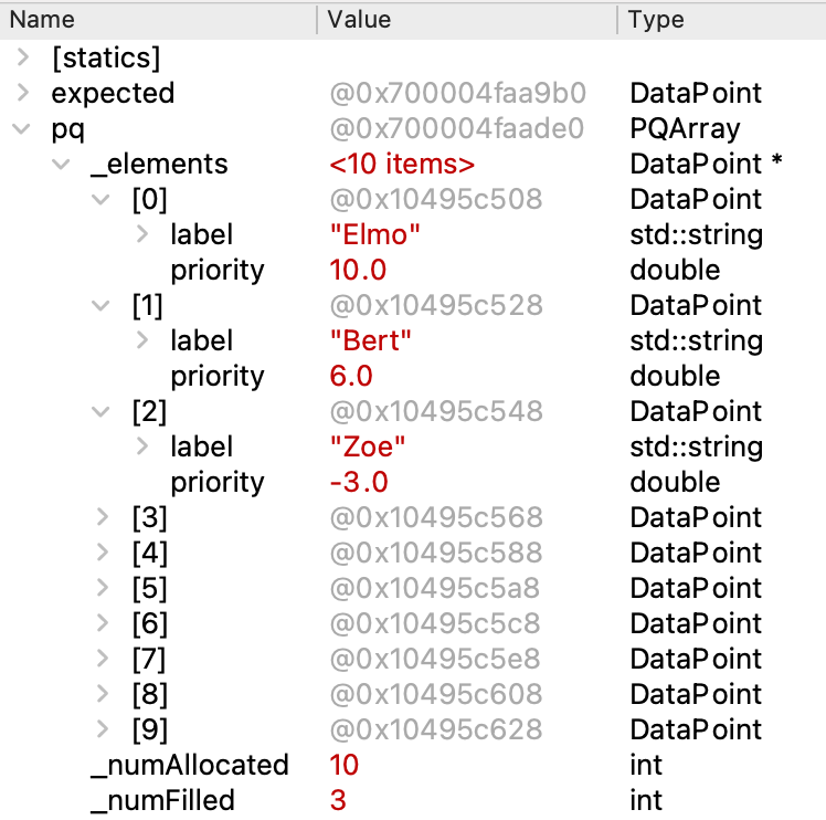 screenshot of variable pane showing array