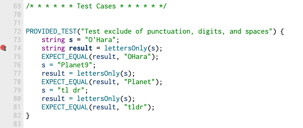 breakpoint on line that has call to lettersOnly