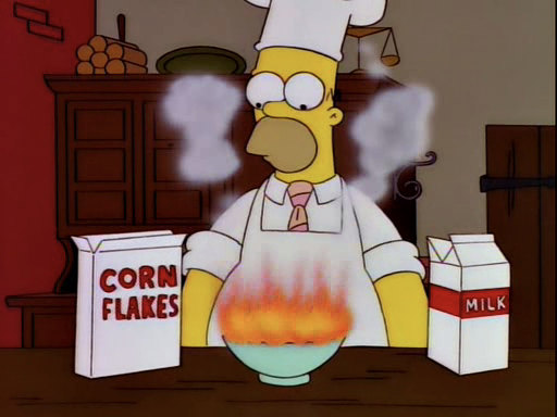 Homer Simpson setting a bowl of cornflakes on fire