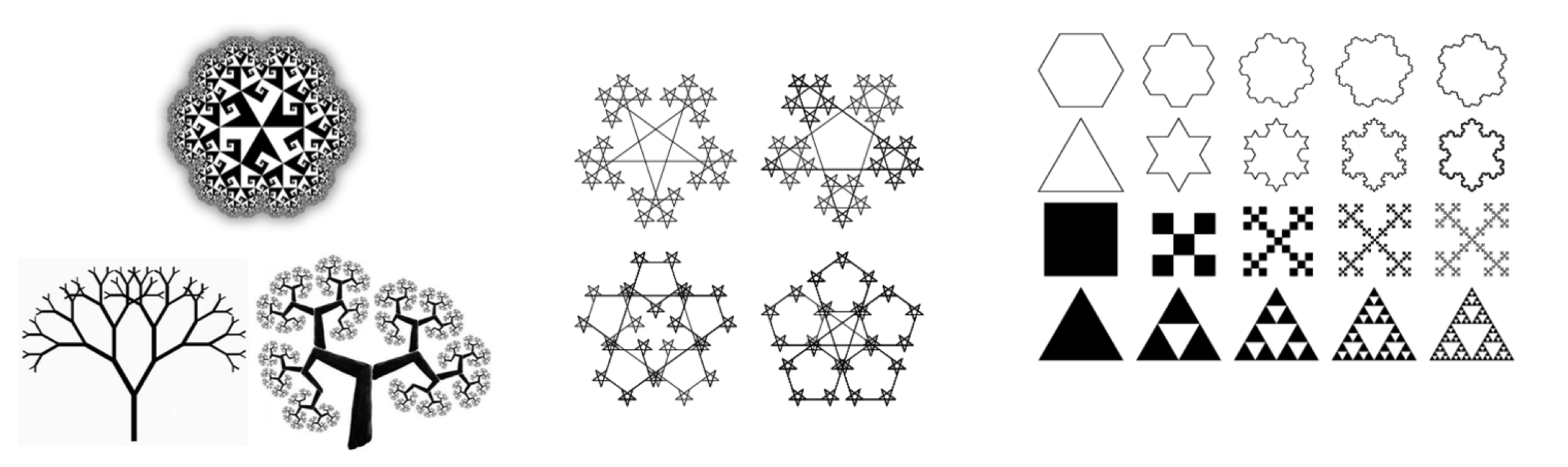 An image showing many fractals. The patterns are incredible -- they repeate again and again in each image, getting (in general) smaller each time. One image is of a programatically-generated tree with the main trunk branching off to smaller copies of itself, each with its own smaller copies, as well. Another example is the Sierpinski triangle, with three triangles encompassed inside a larger triangle. Each smaller triangle is itself made of three smaller triangles, and this keeps going to infinity.