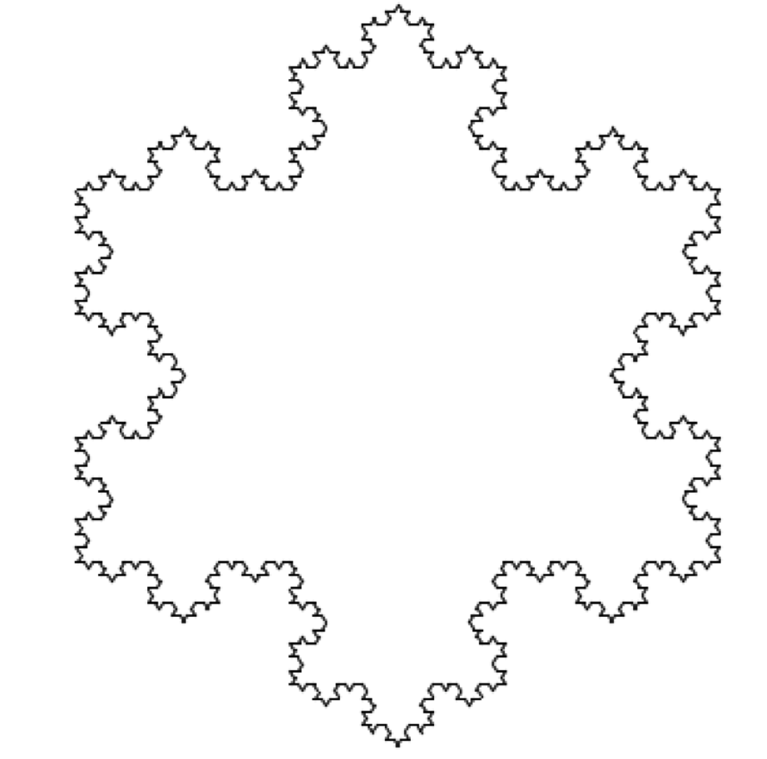 A 'snowflake' fractal which is made up of lines and triangles. It has the apperance of a snowflake with six 'sides' of the snowflake, with each side made up of an infinite number of smaller line/triangle segments. See below on how we are going to draw it