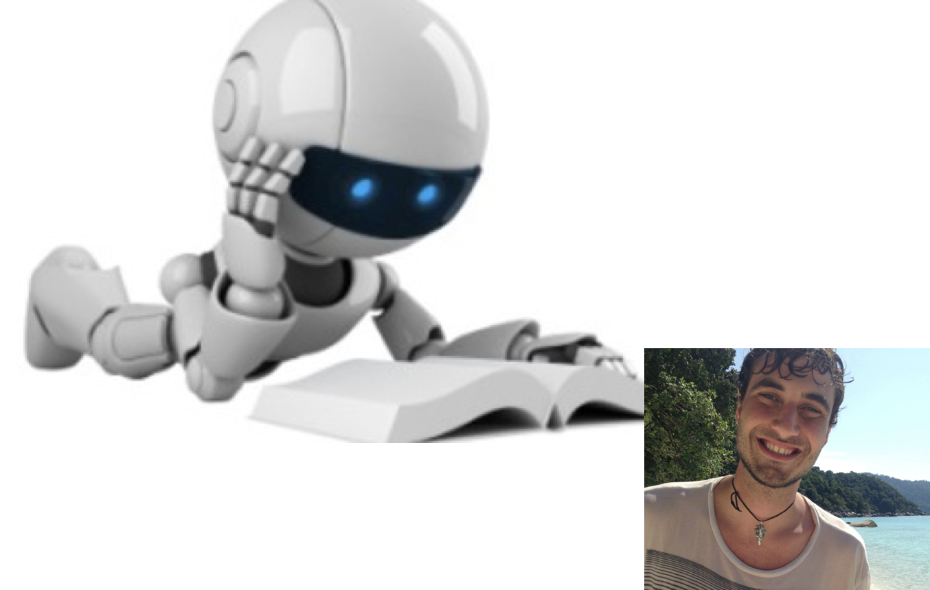 An image of a robot reading a book, and an image of Asst. Professor Chris Piech