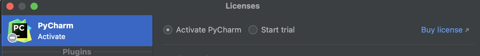 Popup on a user's screen with options to activate PyCharm, start a PyCharm trial, and the option buy a license.