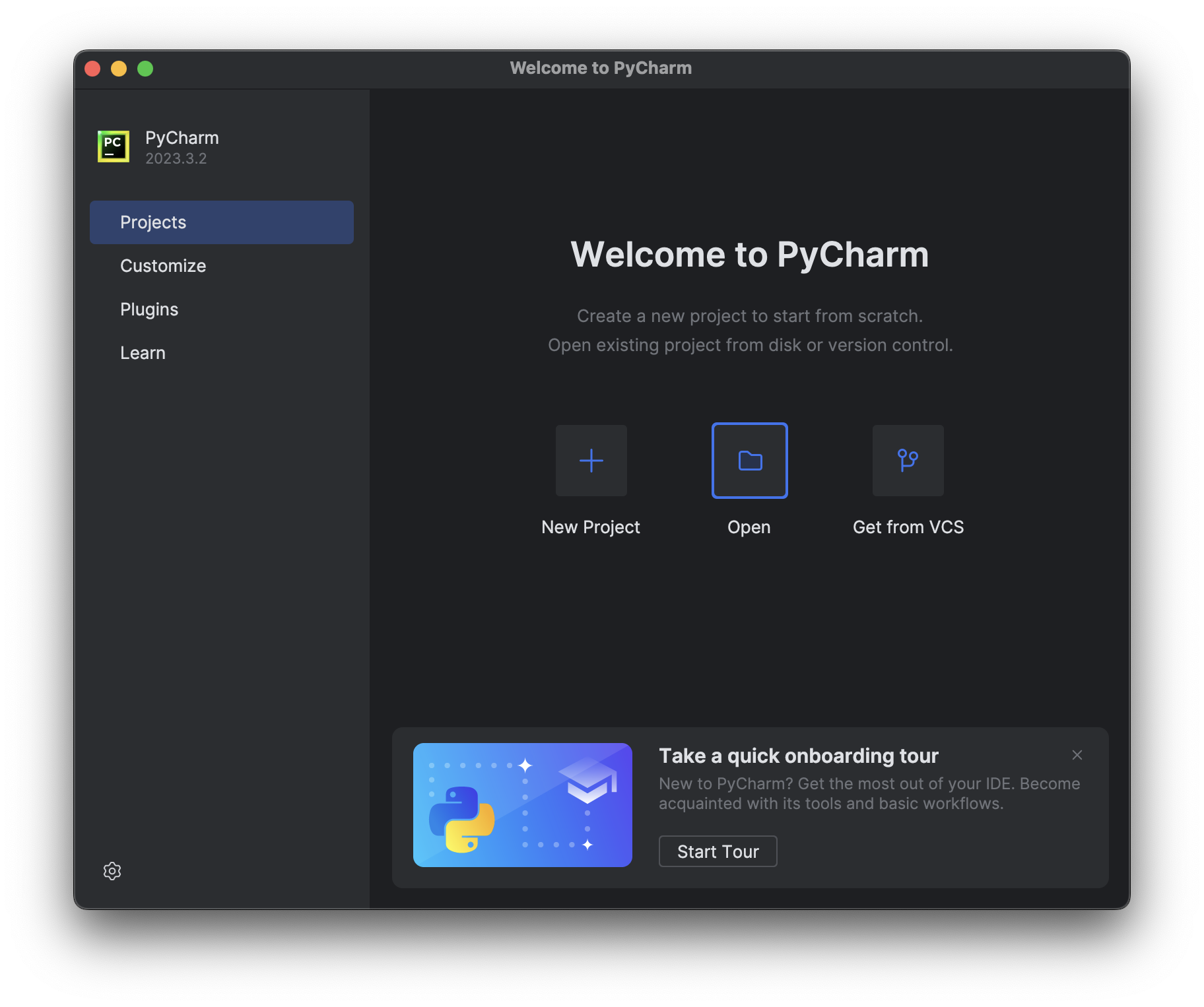 Welcome Screen of PyCharm with 'Projects' tab selected, 'Open' button highlighted.