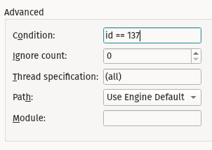 screenshot of the conditional breakpoint popup menu, showing the line number and condition on which to stop at that line