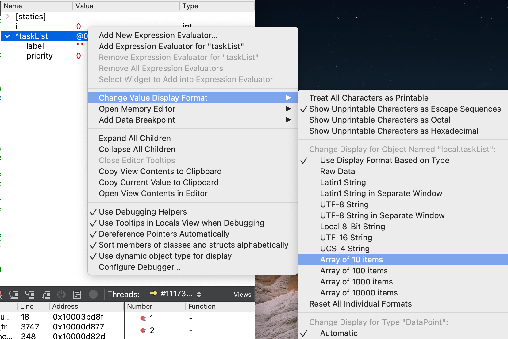 screenshot of the different options for displaying arrays in the Qt Debugger