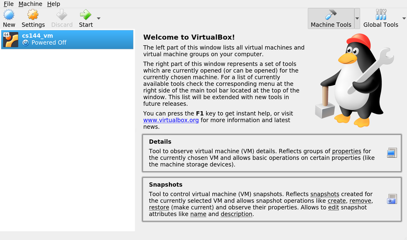 VirtualBox home screen with newly created VM image
