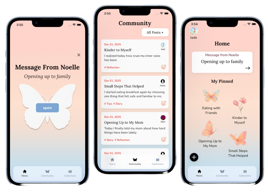 BlooME app shown on three phones