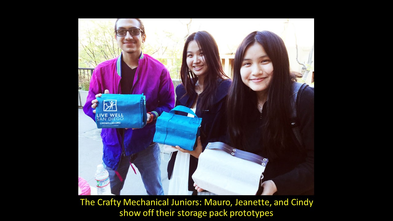 The Crafty Mechanical Juniors: Mauro, Jeanette, and Cindy show off their storage pack prototypes