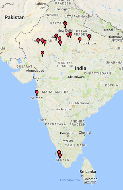 Locations visited in India