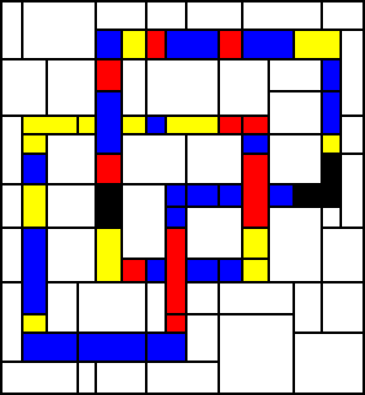 Image of a code-generated trefoil knot in the style of Mondrian.