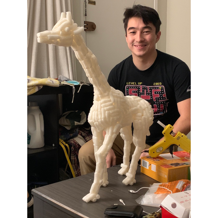 Giraffe made from packing peanuts and hot glue